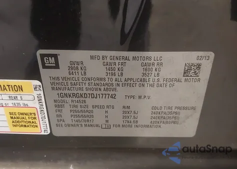 2013 Chevrolet Traverse 1Lt z USA, uszkodzony, nr VIN 1GNKRGKD7DJ177742